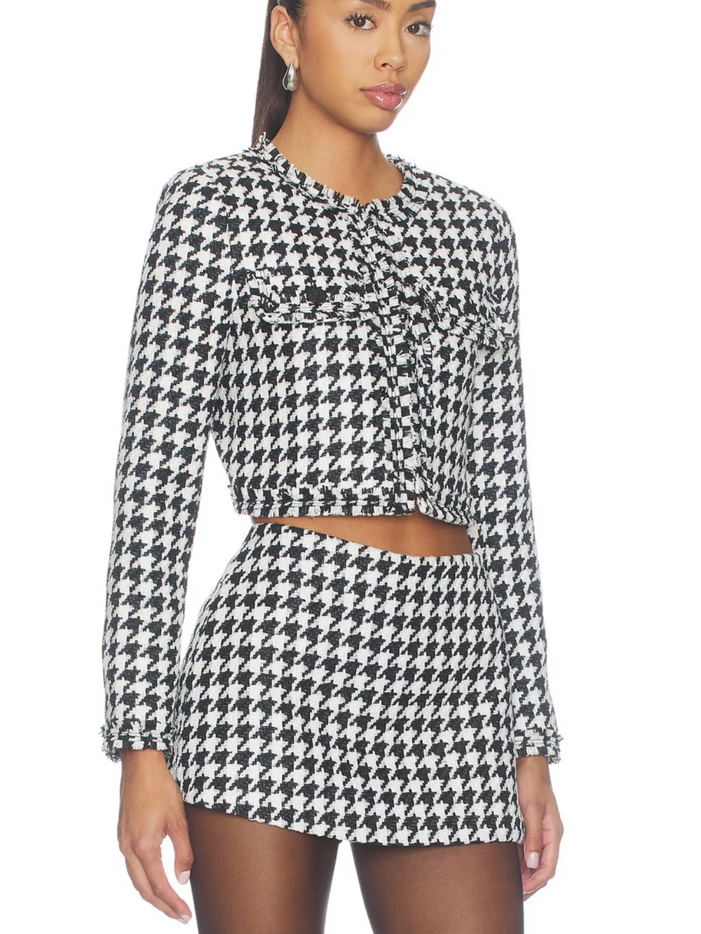 Alice + Olivia Black and White Houndstooth Cropped Jacket